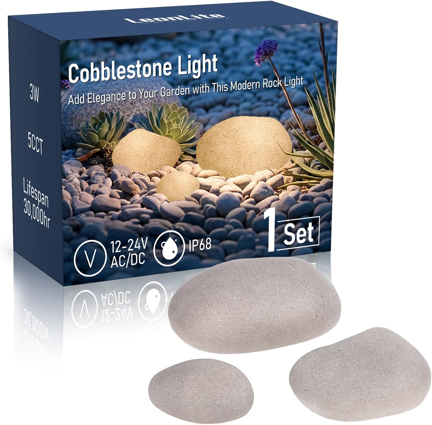 LEONLITE Low Voltage Pebble Shape Lights Outdoor, 5CCT Cobblestone Pathway Lights 3Pcs, LED Decorative Garden Light for Yard, 12-24V AC/DC, 1800K/2700K/3000K/4000K/5000K Selectable, Light Gray