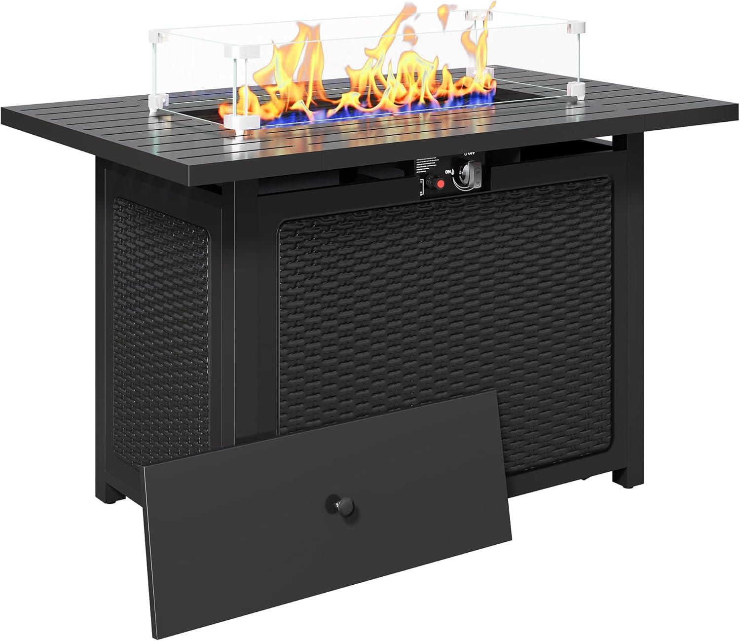 43” Outdoor Propane Fire Table Set with Heavy-Duty Glass Stones, Glass Wind Guard, Lid & Water-Resistant Cover, 50,000 BTU Metal Fire Pit Table, Rectangle Fire Pit Table for Patio, Deck