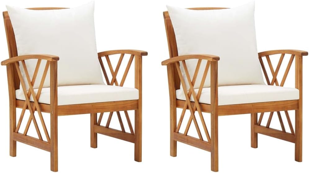 Patio Chairs with Cushions 2 pcs Solid Acacia Wood,EyeCatching Acacia Wood Garden Chairs with Cream White Cushions for Patio and Terrace Outdoor Furniture, Outdoor Chairs