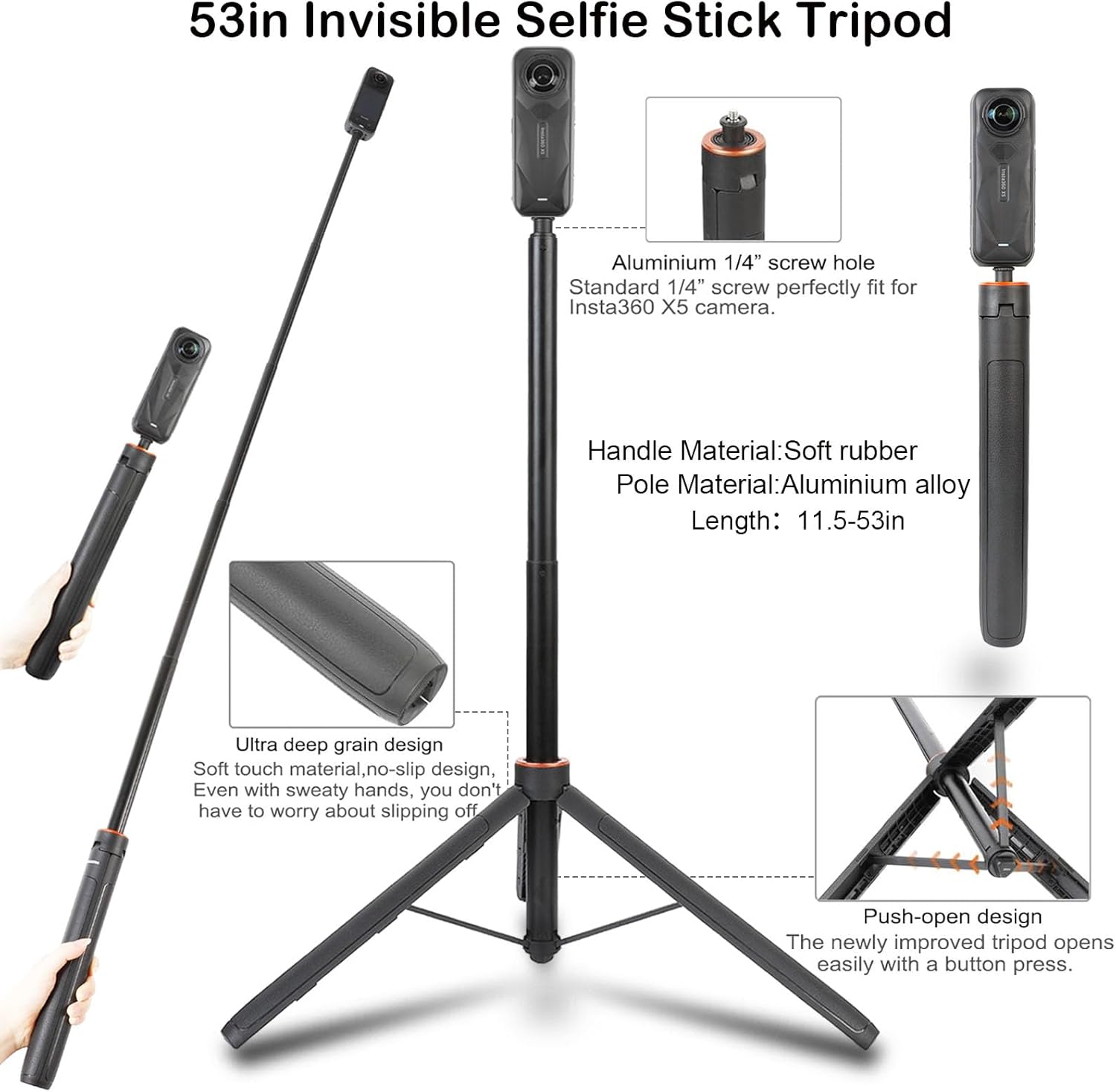 PellKing Accessories Kit for Insta360 X5,Included Carrying Case with Belt,135cm Selfie Stick Tripod,Aluminium Handlebar Clamp.2 Pcs Metal 1/4