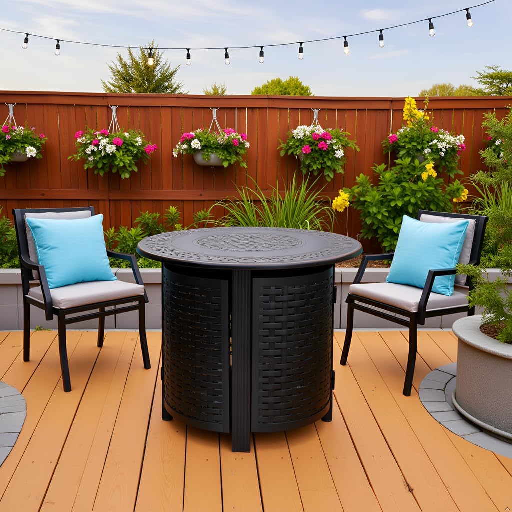 Hendricks Woven Aluminum Convertible Gas Fire Pit Table 37,000 BTU Multi-Functional Outdoor with Fire Bowl Lid, Nylon Weather Cover & Clear Fire Glass - Bronze Finish - Round - 34