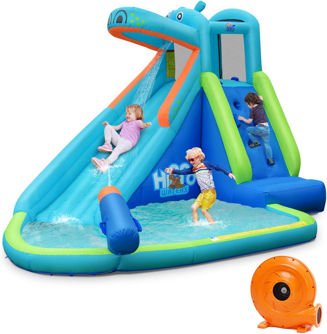 GLACER Inflatable Water Slide Bounce House, Hippo Jumping Water Park Slide w/Splash Pool, Climb Wall, Water Cannon, Outdoor Inflatable Bouncer Castle w/Hose, Carry Bag, Tools (with 740W Air Blower)