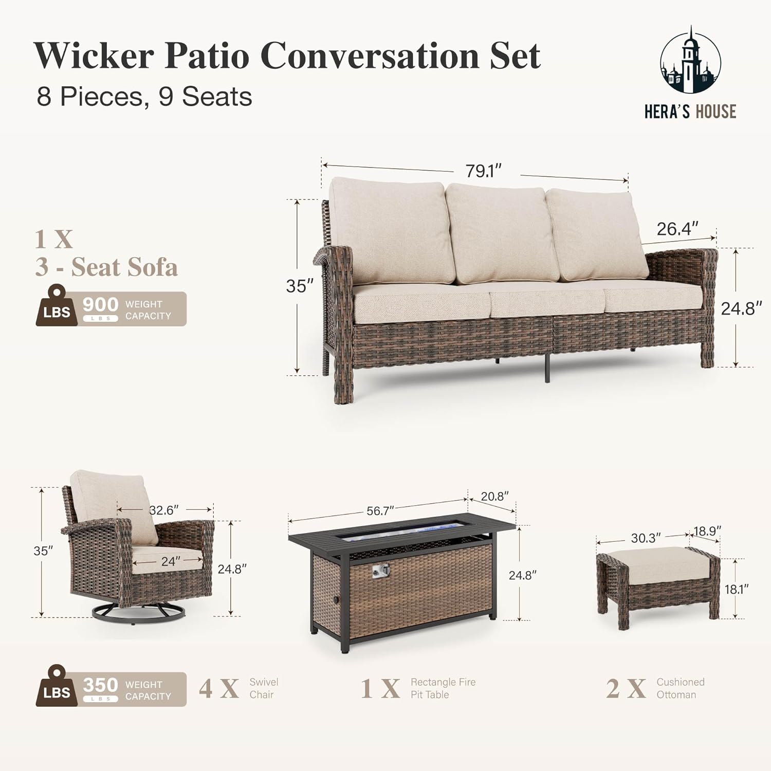 HERA'S HOUSE 8-Piece Outdoor Furniture Set with Fire Pit Table, Patio Conversation Set with 5.5