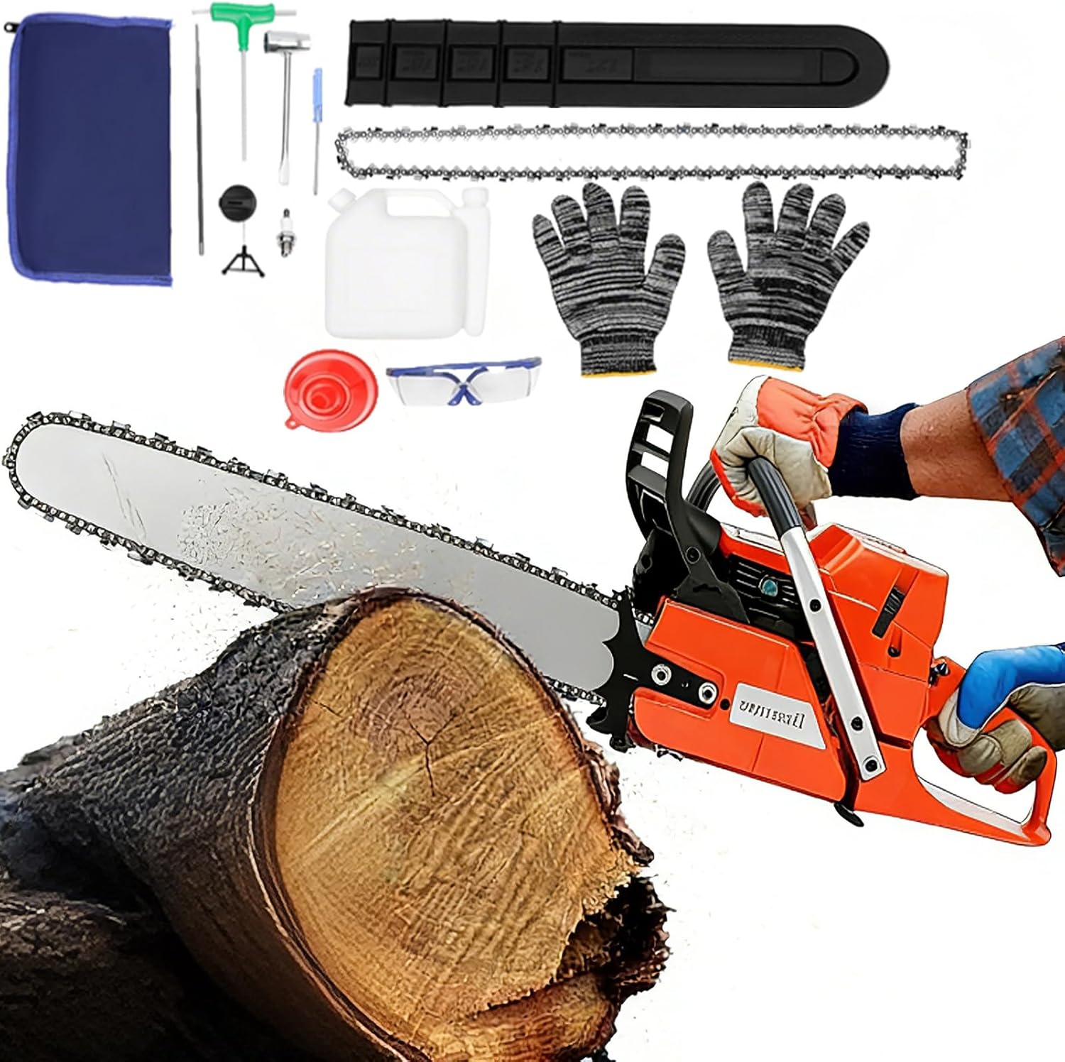71CC Gas Chain Saw, 28'' Handheld Cordless Chain Saw, 2-stoke 3900W Petrol Engine Wood Cutting Self-reset Pull Start Single Cylinder Air-Cooled Thickened Blade Saws Tool Full Kit For Outdoor Farm