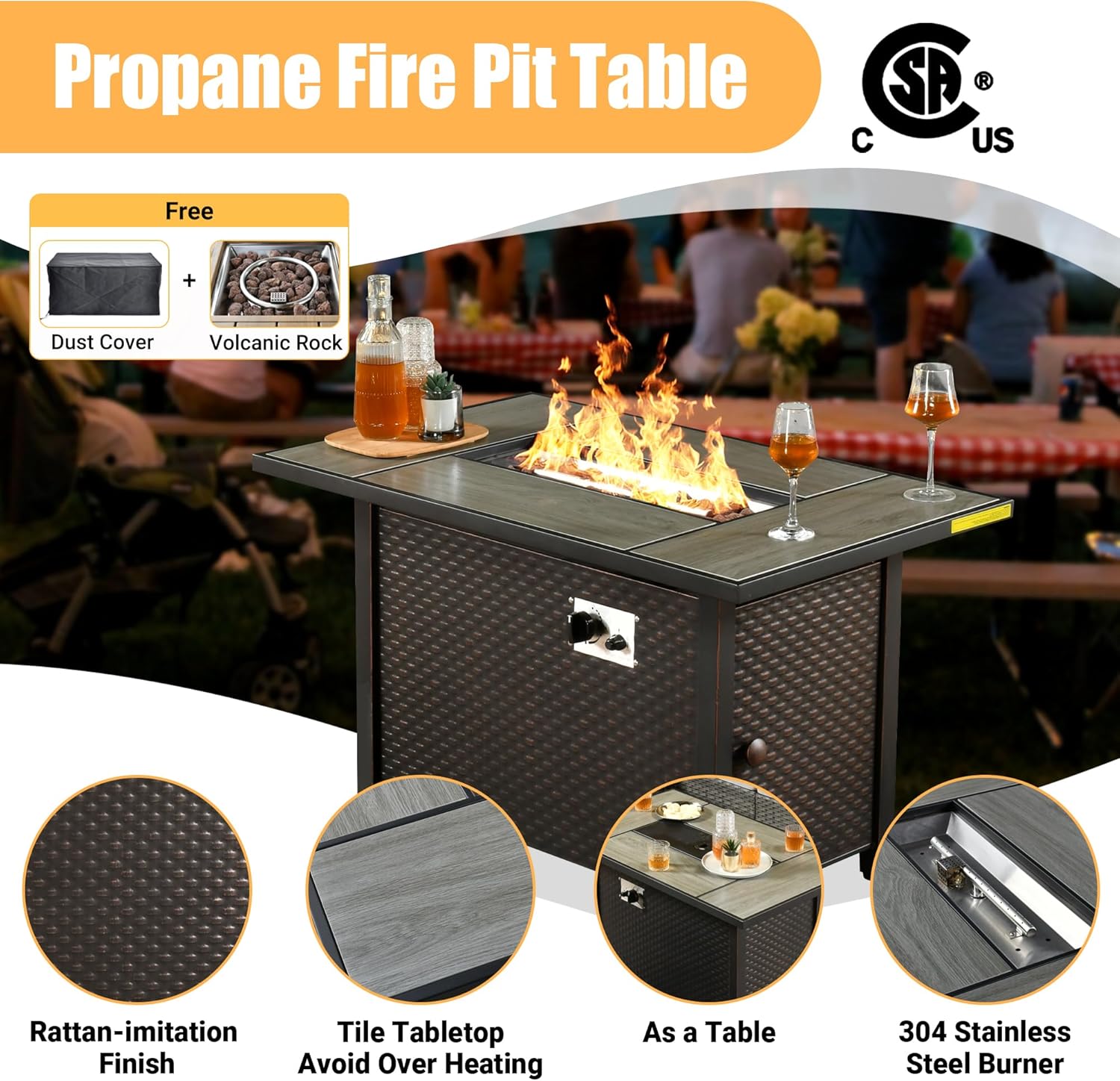 Weaxty 8 piece outdoor patio furniture set，Wicker Outdoor sectional Furniture with 42-inch Fire pit Table, Rocking Swivel Chairs, Coffee Table for Garden, Patio(Denim Blue)