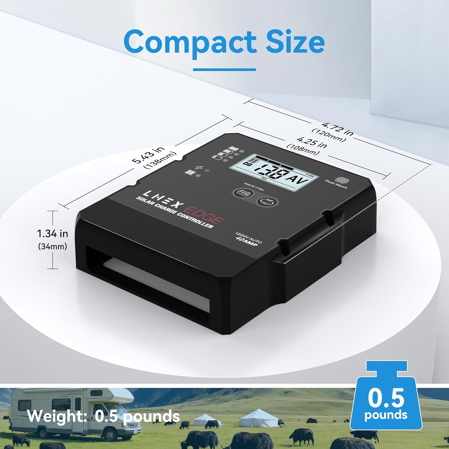 Solar Charge Controller with Flush Mount Design, 6 Stage Charging with LCD Display 12V/24V Auto PWM Controller 40A for LiFePO4, AGM, Gel, Flooded and Lithium Battery