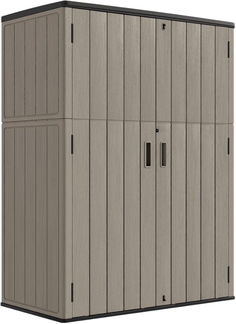 KINYING Outdoor Storage Cabinet Waterproof, 57 Cu.ft Resin Vertical Outdoor Storage Shed for Patio Furniture, Garden Tools, Pool Accessories, Mower Storage (Brown)
