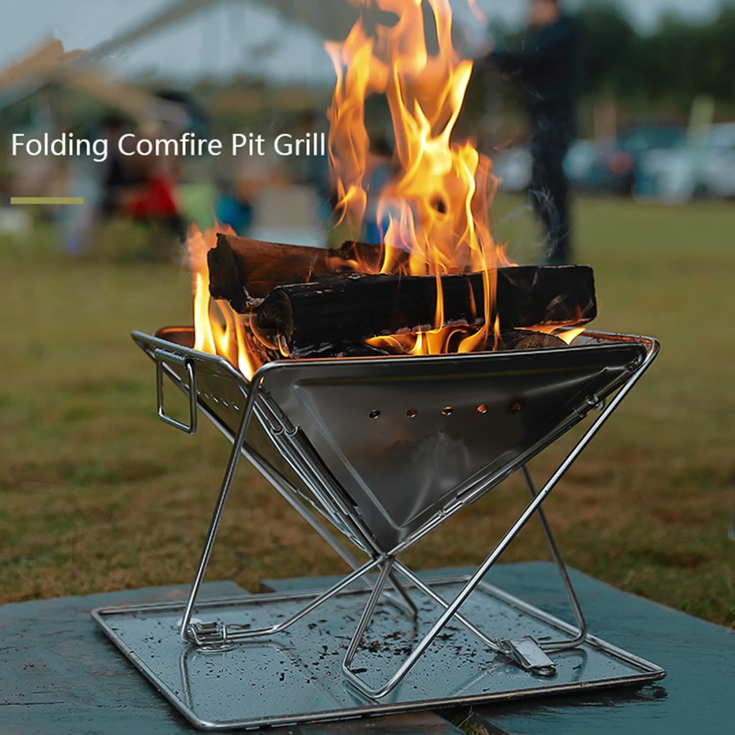 Folding Campfire Charcoal Barbecue Grill Stainless Steel Portable Camping Fire Pit Outdoor Wood Stove Burner with Carrying Bag, 3 Gear Adjustable Height