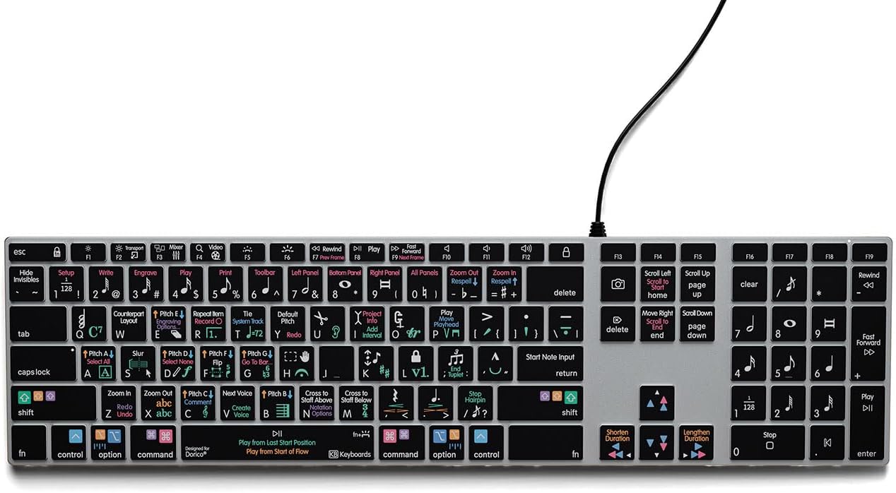 KB Covers - Dorico Backlit Pro Aluminum Keyboard - macOS - US | Music Composition & Notation | Music Scoring Shortcuts | Keyboard for Musicians & arrangers