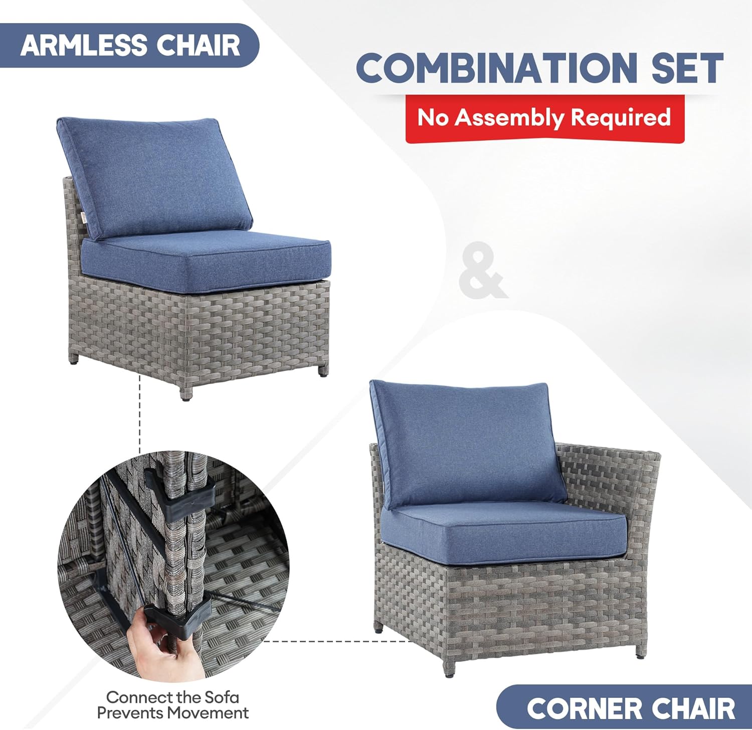 Patio Conversation Set, 10-Pieces Outdoor Sectional Sofa with 42 Inch Fire Pit Table, Rattan Sectional Sofa Set for Backyard (Denim Blue)