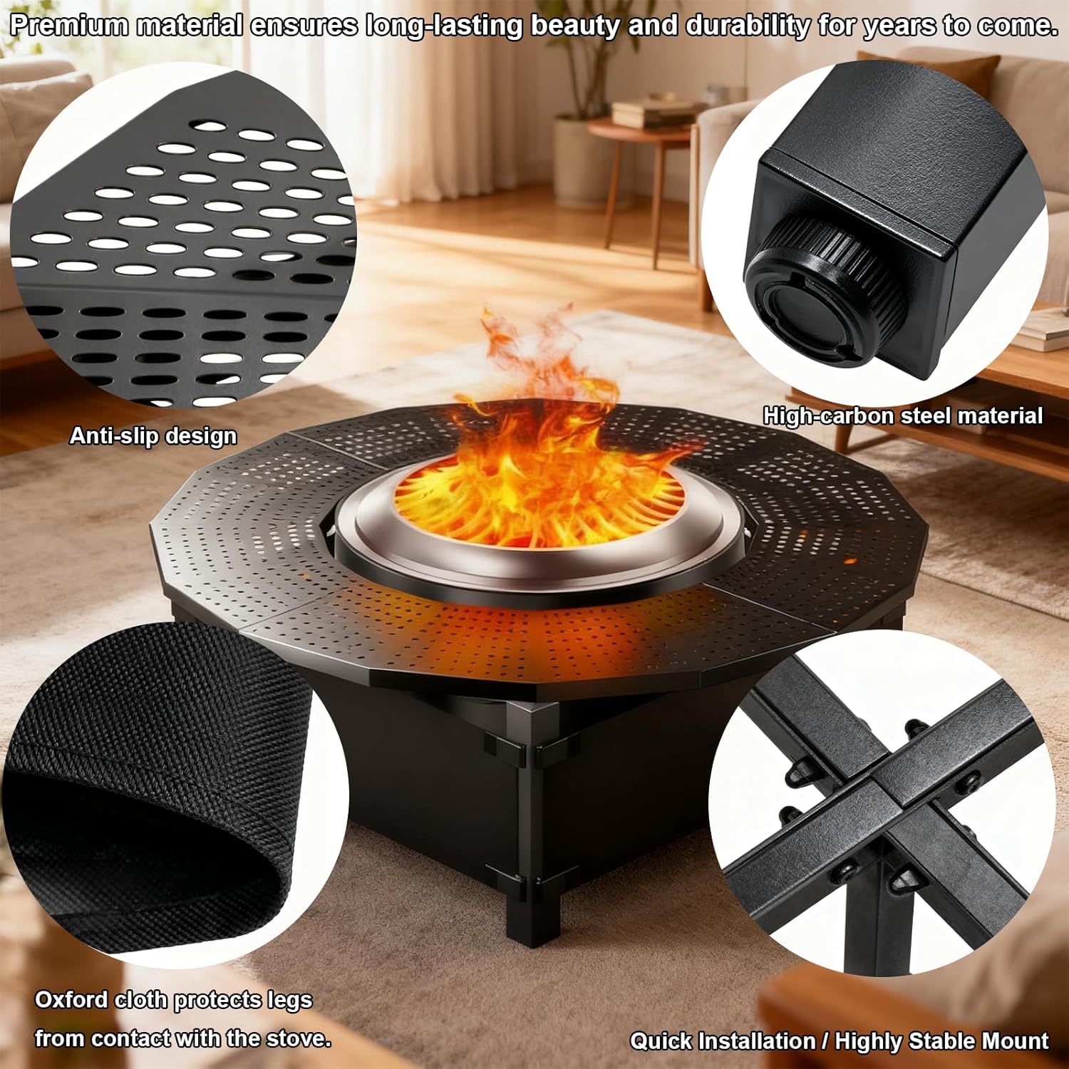 Fire Pit Surround Tabletop for Solo Stove Yukon, Thick Metal, Fire Pit Surround Table Adjustable, for Solo Stove Yukon Accessories (Black, 47.8 in)