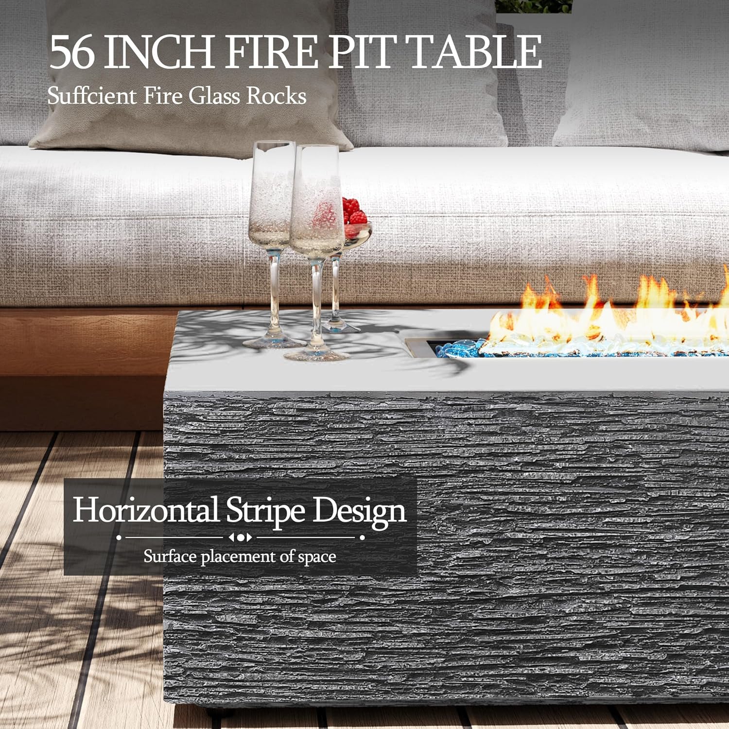 UPHA 56-inch Outdoor Propane Gas Fire Pit Table 50000 BTU Concrete Rectangle FirePit for Outside Patio with Propane Tank Cover, Blue Glass Rocks, Rain Cover, Grey Horizontal Stripe