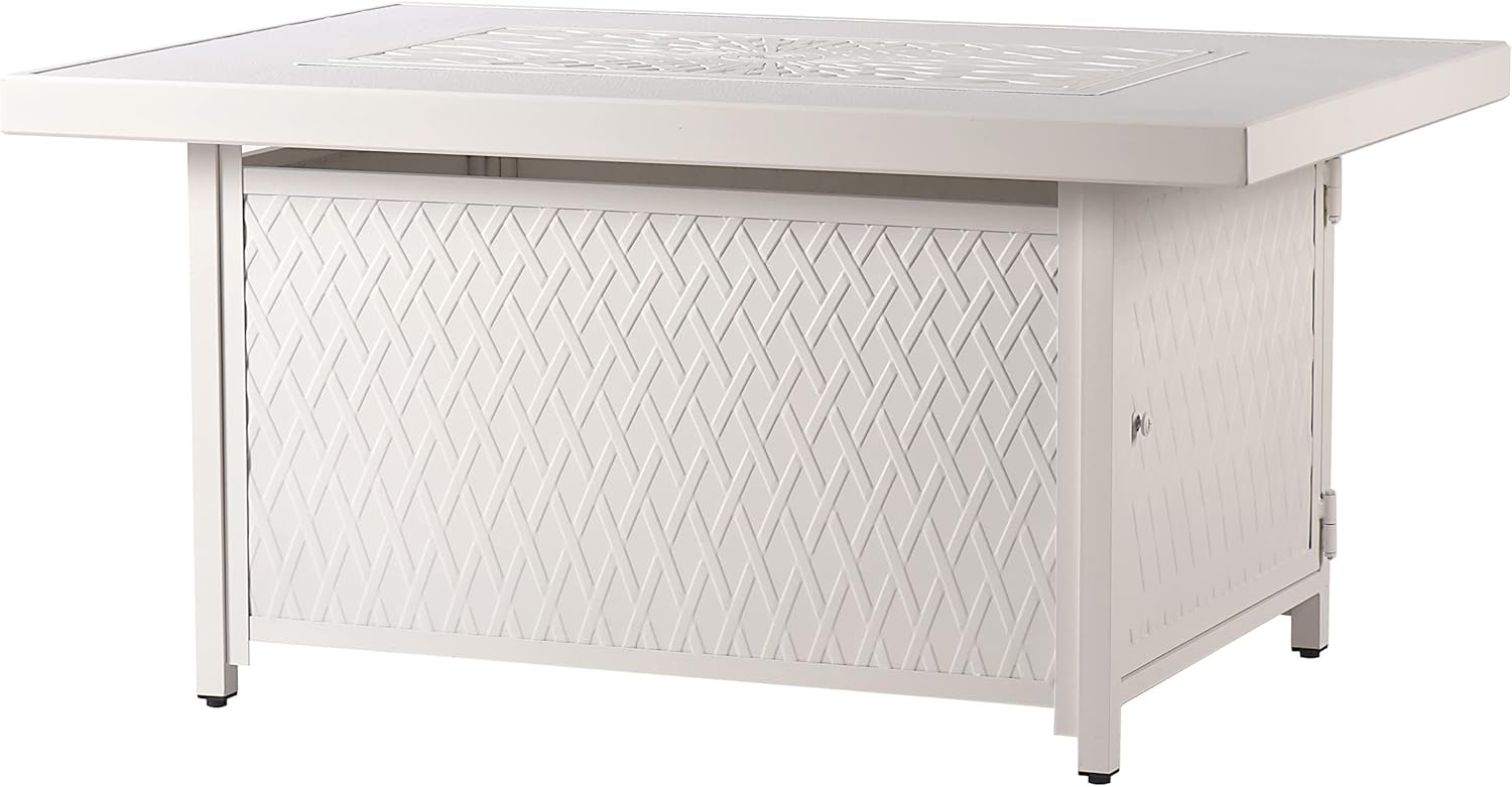 Rectangular 48 in. x 36 in. Aluminum Propane Fire Pit Table, Glass Beads, Two Covers, Lid, 57,000 BTUs in White Finish