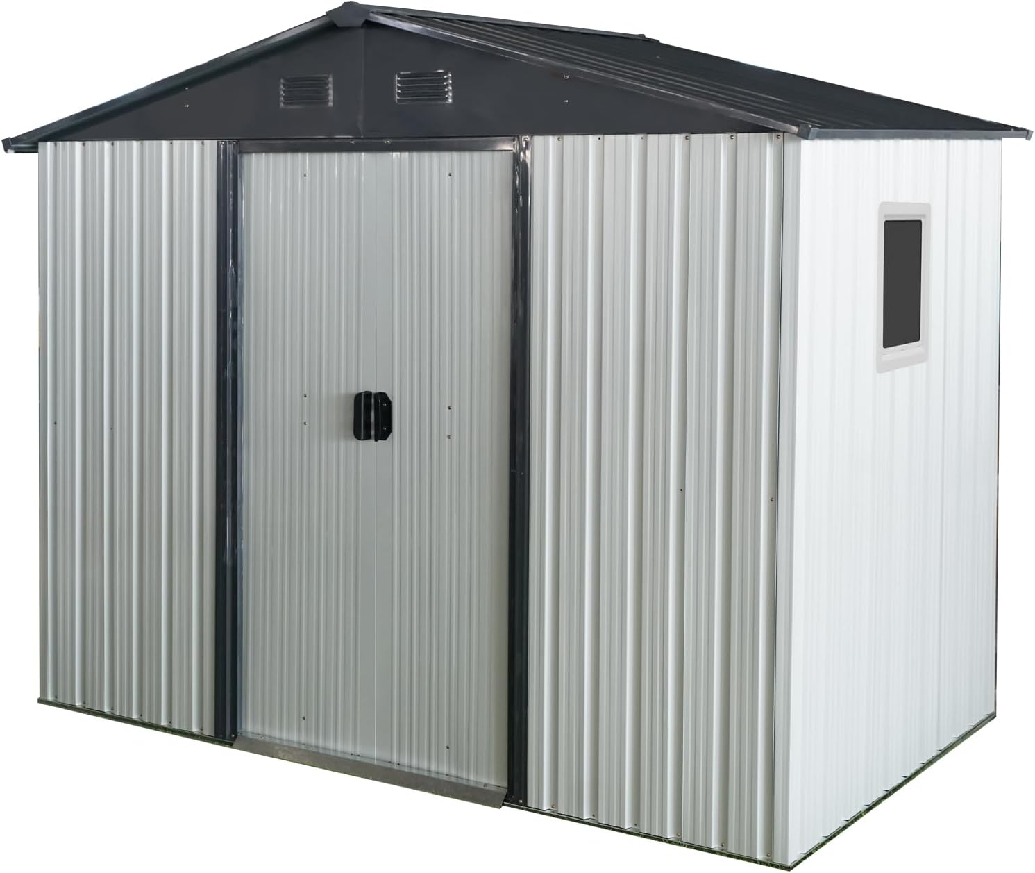 8 x 4 FT Outdoor Storage Shed, Garden Tool Metal Shed with Sliding Doors, Window & Metal Foundation, Tool Shed Tiny House Vertical Outside Storage Building for Backyard, White/Black