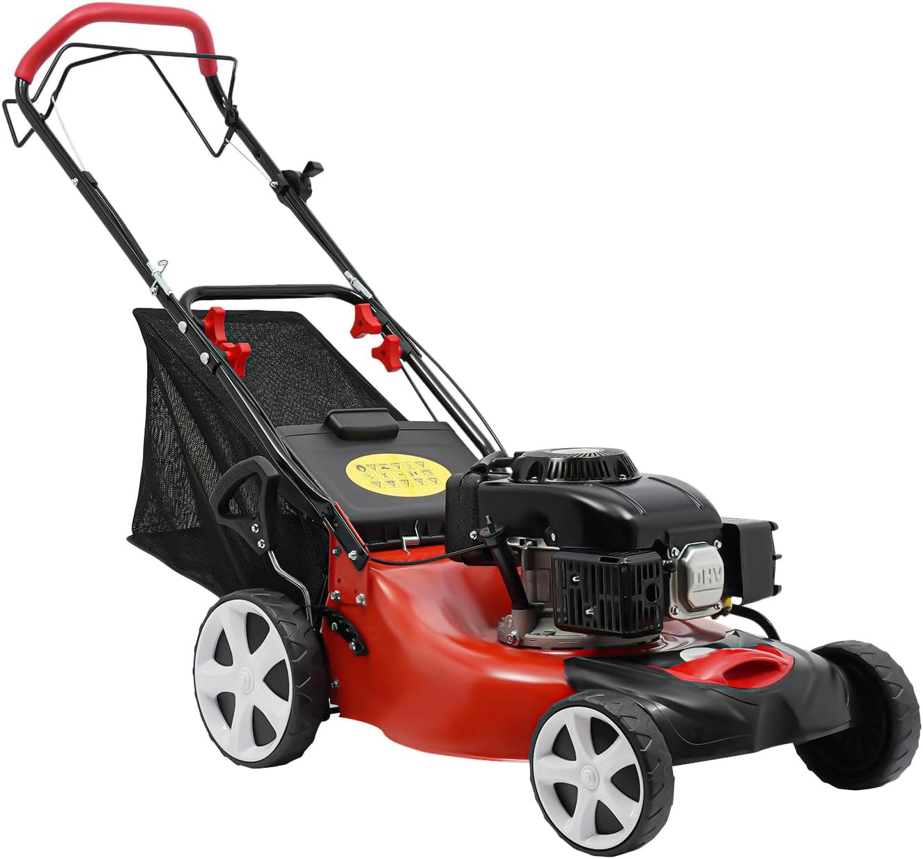 Self Propelled Gas Lawn Mower Walk-Behind Push Lawn Mowers 4Stroke Engine Lawnmower with 4Wheels Adjustable Trimming Height for Sports Fields Community Landscaping Villas Lawn Mowing (140CC 5HP)