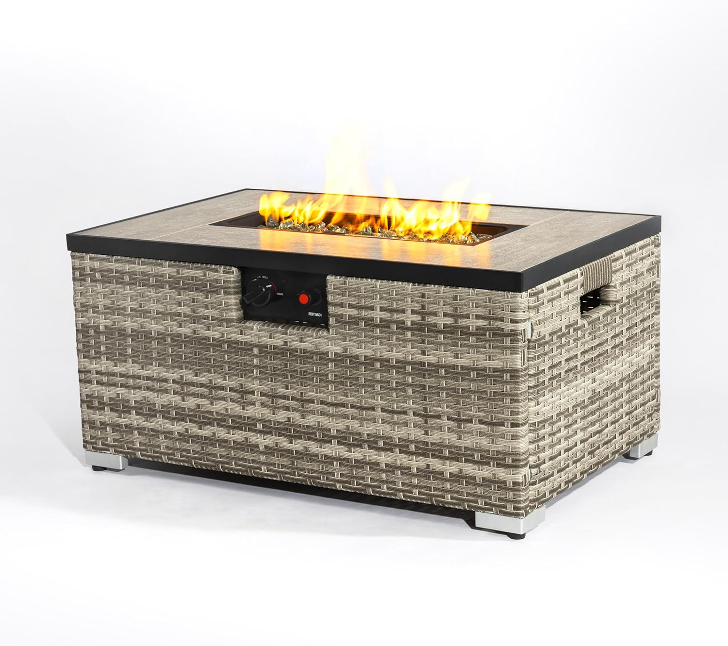 32in Gas Fire Pit Table Set, 50,000 BTU Propane Fire Pit Table Outdoor with Rain Cover, Hideaway Tank Holder Fits 20lb Tank, Gas Fire Pit for Outside w/Ceramic Tabletop and lid, Glass Rocks.