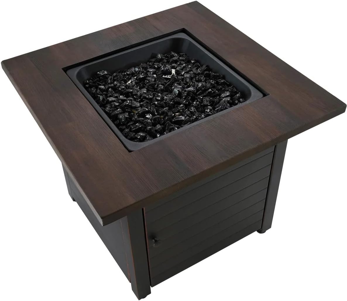 Endless Summer Bronze Finished Black Steel Base with Dark Wood Mantel Spencer LP Gas Outdoor Fire Pit, Comes with Black Fire Glass, Table Insert, and Protective Cover