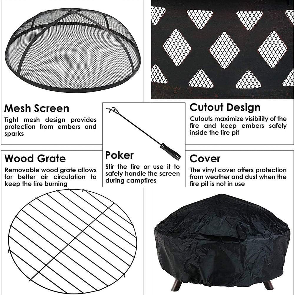 Outdoor Fire Pits 36 Inch Large Bonfire Wood Burning Patio & Backyard Firepit for Outside with Spark Screen, Fireplace Poker, and Round Cover