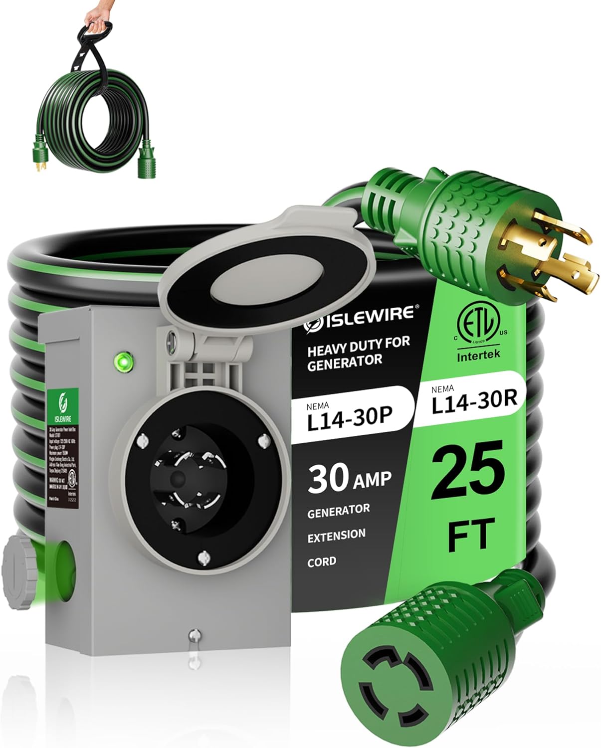 30 Amp 25FT Generator Cord and Power Inlet Box Kit, NEMA L14-30P to L14-30R, 4-Prong Generator Cord 10 AWG with Twist Lock Connector, Pre-Drilled 30 Amp Inlet Box, ETL Listed, Ready for Emergency Use