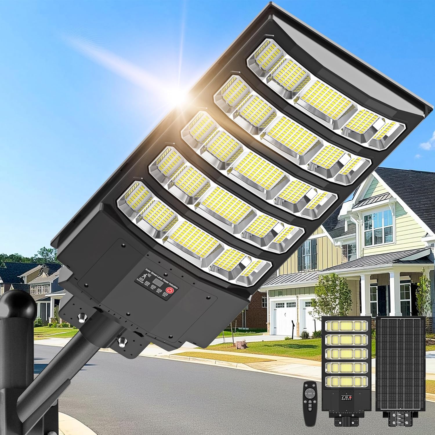 Solar Street Lights Outdoor,10000W Solar Lights Outdoor Waterproof with Motion Sensor, IP66 Solar Security Flood Lights for Yard, Pathway, Parking Lot - 350° Wide Angle & Remote Control Included