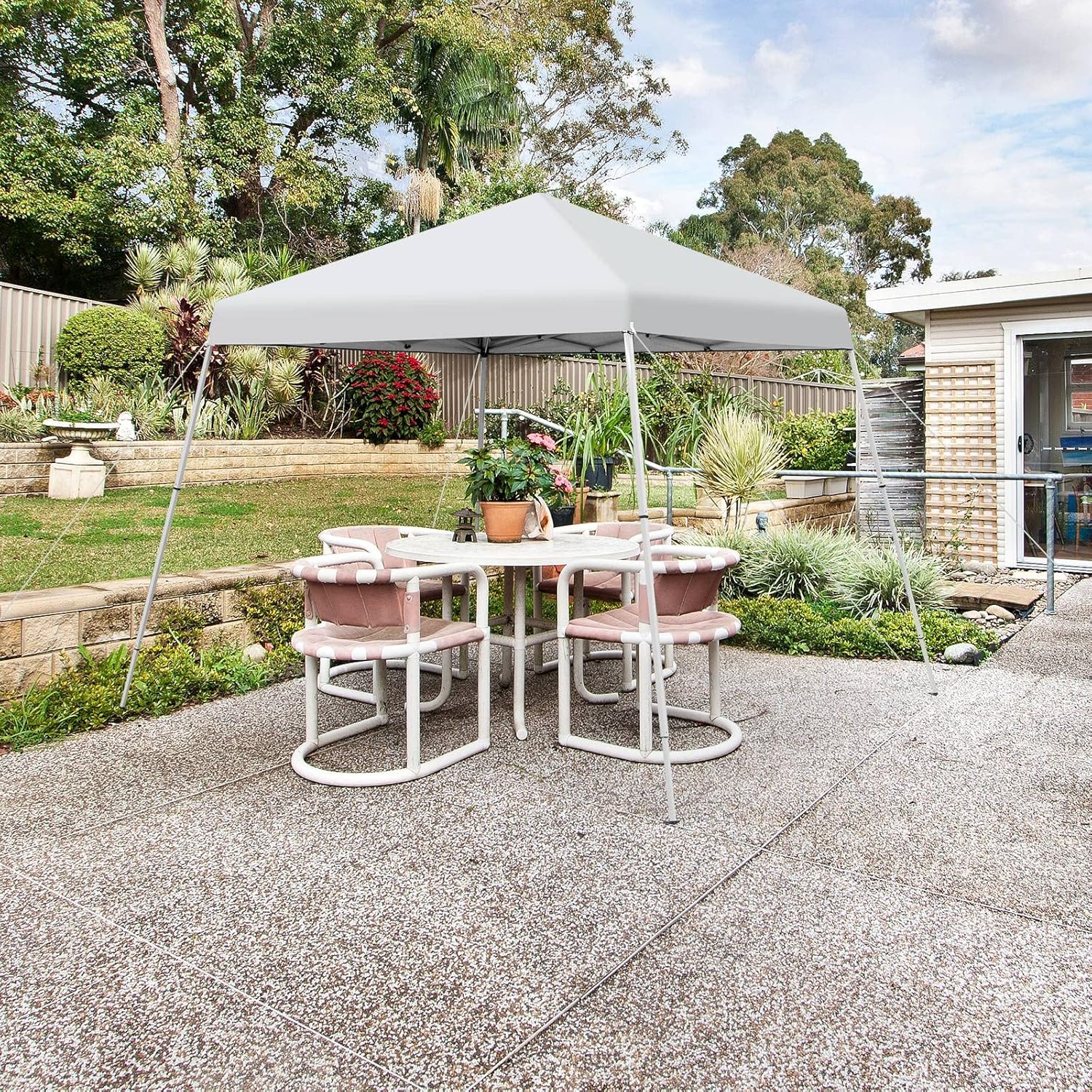 TANGZON 3 x 3M Pop Up Gazebo, Height Adjustable Instant Camping Party Tent Canopy with Slanted Legs & Carrying Bag, Outdoor Foldable Sun Shade Event Shelter (White, No Mesh Sidewalls & Sand Bags)