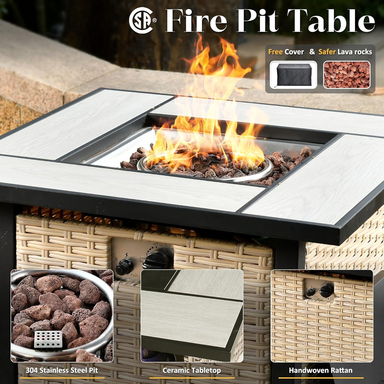 5 Pieces Patio Furniture Sets with 30inch Fire Pit Table All Weather PE Wicker Outdoor Furniture Set with Sectional Sofa for Yard,Garden,Lawn(Green)