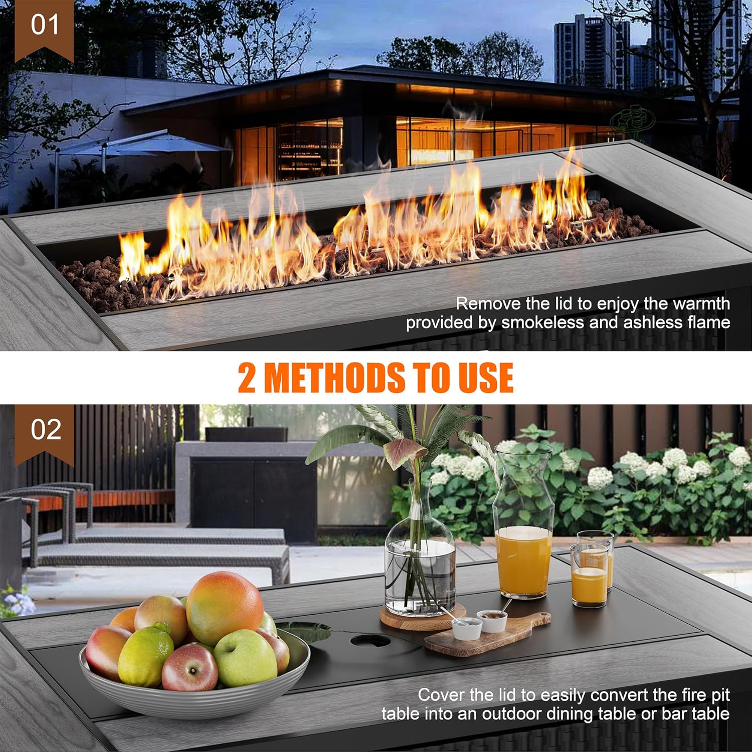 Shintenchi 45 Inch Outdoor Propane Fire Pit 50,000 BTU Gas Fire Pit Table with Lid, Lava Rock, Waterproof Cover, Rectangle Gas Firepit Table for Garden/Patio, CSA Certification