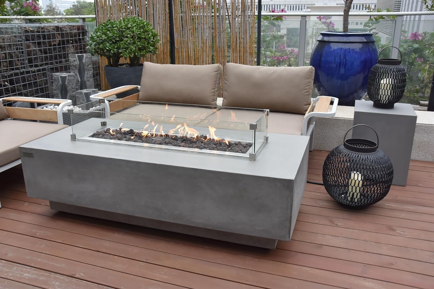 Elementi Granville Gas Fire Pit Cast Concrete Fire Table, Outdoor Fire Pit Electronic Ignition | Canvas Cover, Lava Rock Included | Free AMS Wind Guard | Light Gray (Natural Gas)