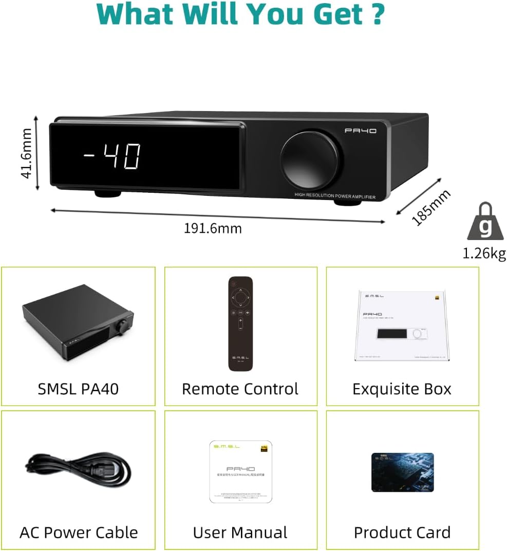 SMSL PA40 Class D Power Amplifier, 165Wx2 Stereo Amplifier for Passive Speakers, with MA5332 Chip/EQ/Bass Treble Control/Built-in Power Supply