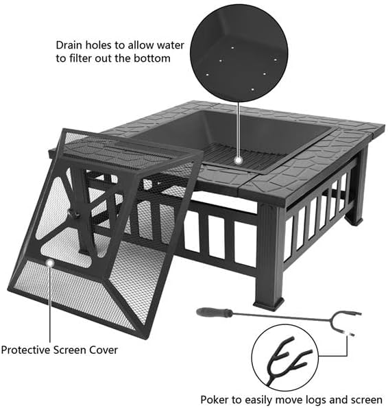 32inch Patio Outdoor Fire Pins,Wood Burning Metal Fire Pits for Outside,Bonfire and Picnic,with Spark Screen Cover Safe Mesh Lid and Poker Fire Place for Backyard