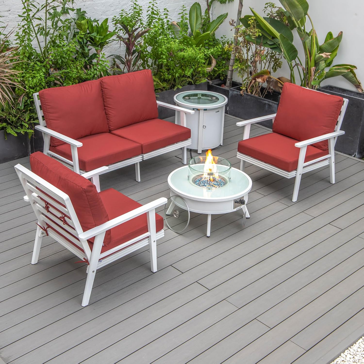 LeisureMod Walbrooke Modern Aluminum 5-Piece Patio Conversation Set with Outdoor Round Firepit Side Table Tank Holder, Red