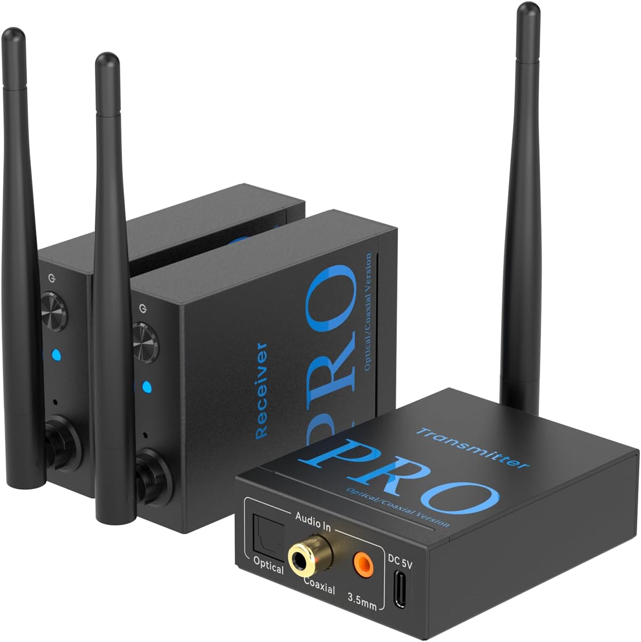 1Mii 3-in-1 2.4Ghz Wireless Audio Transmitter Receiver for 2 Subwoofer/Active Speaker/Power Amplifier, 20ms Low Latency, 320ft Range, Optical/Coaxial/3.5mm(RCA) Audio Input/Outpu