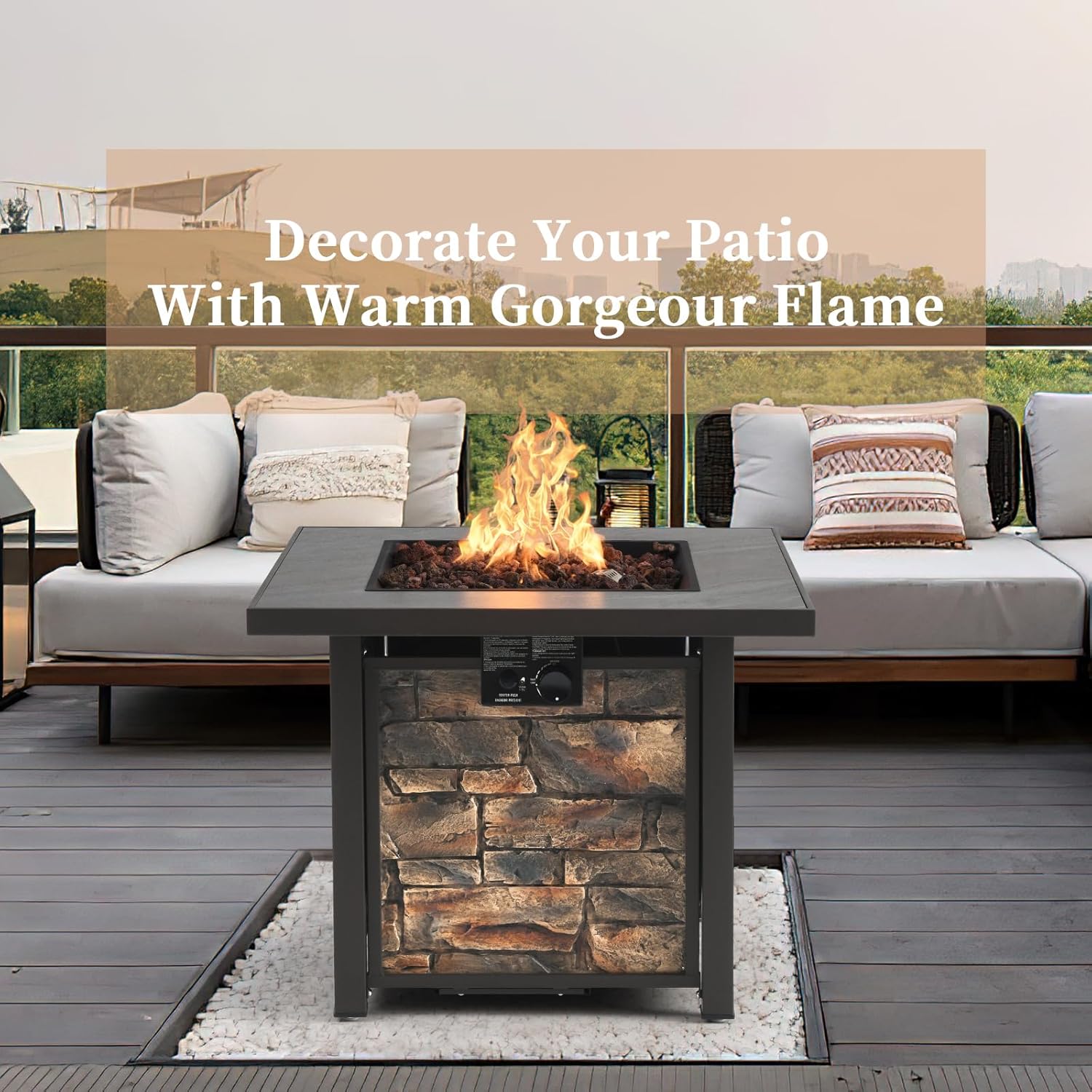 32'' Propane Fire Table for Ourdoor, Sintered Stone Tabletop & Polyresin Natural Stone Base, 50000 BTU Gas Fire Pit Table for Outside Patio and Garden, with Lava Rock