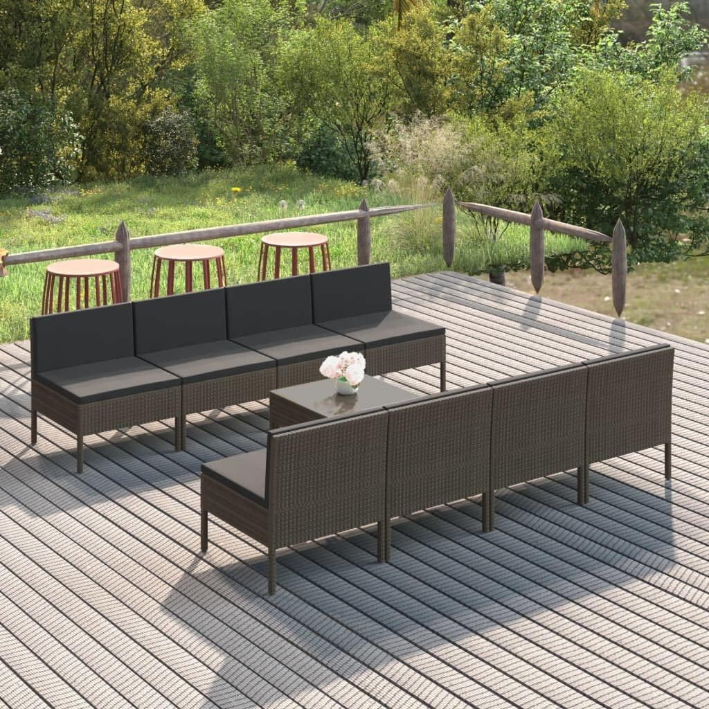 9 Piece Patio Lounge Set with Cushions Poly Rattan Gray,AllWeather Rattan Patio Lounge Set: Ultimate Comfort and Style for Your Outdoor Space Patio Furniture, Outdoor Furniture Sets