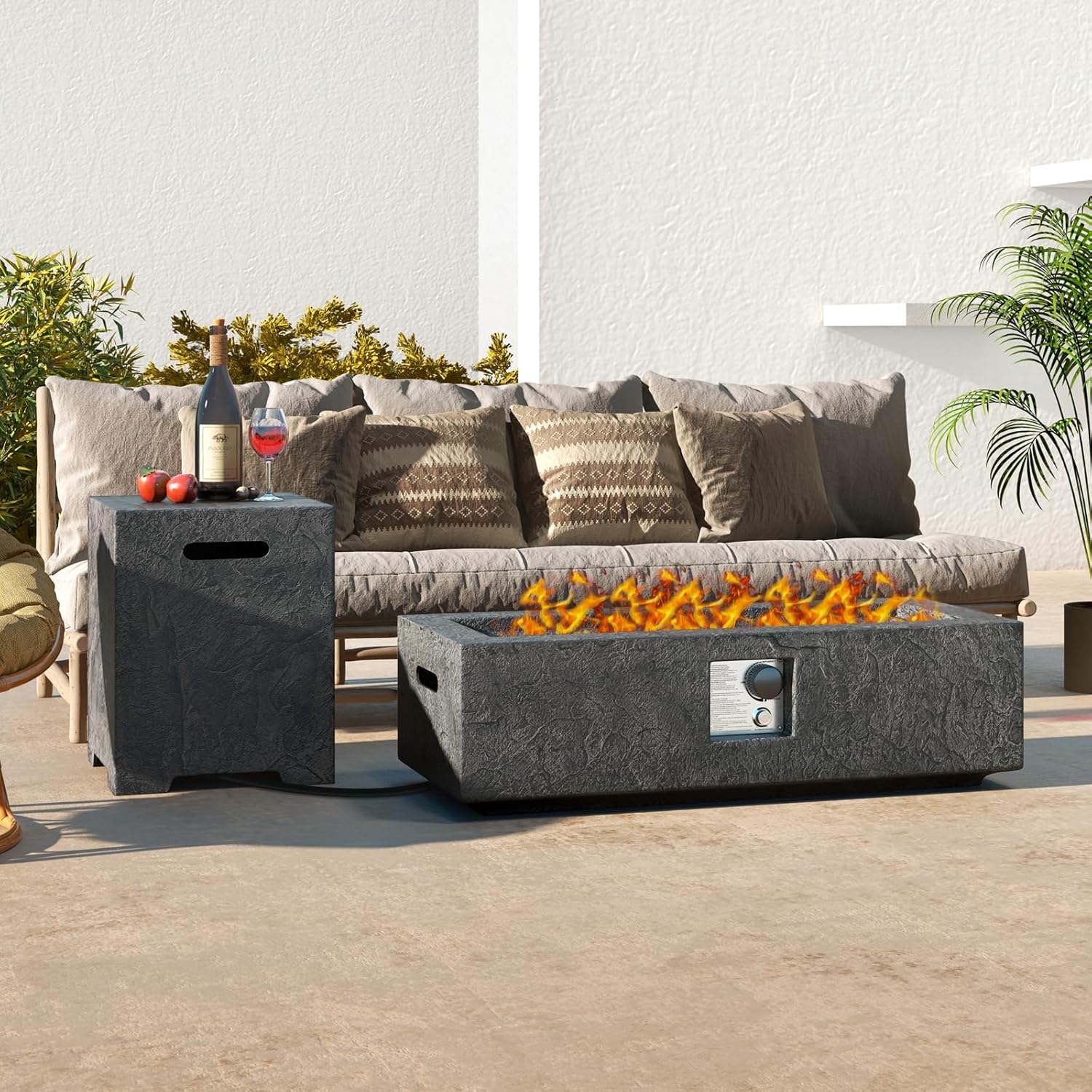 Tangkula 2 Piece Propane Fire Pit Table Set with Tank Holder, 50,000 BTU 42.5 Inch Outdoor Rectangular Gas Fire Table with Lava Rocks, Stainless Steel Burner and Protective Cover for Outside Patio