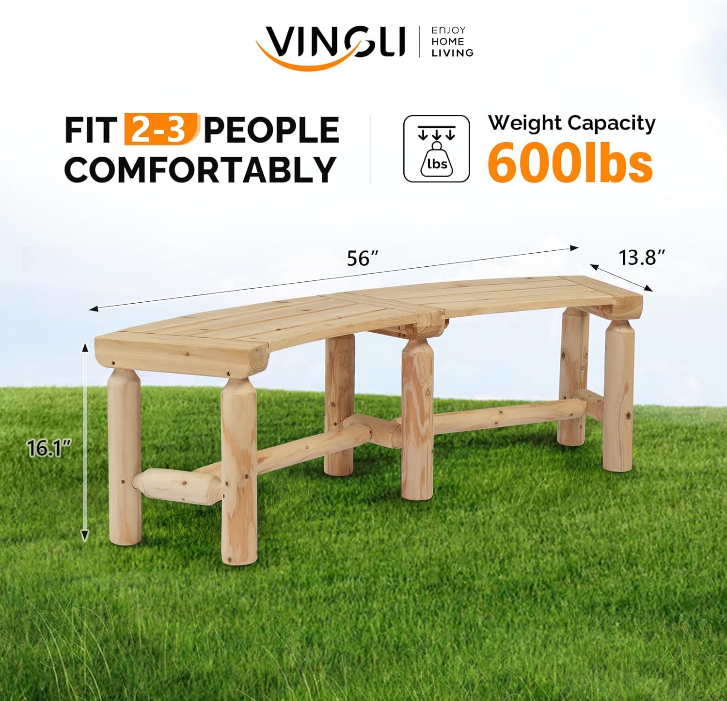 VINGLI Outdoor Bench Wooden Curved Bench, All-Weather Fire Pit Backless Patio Bench, 2-Person Seating Rustic Garden Bench for Backyard Porch Deck Entryway (Natural)