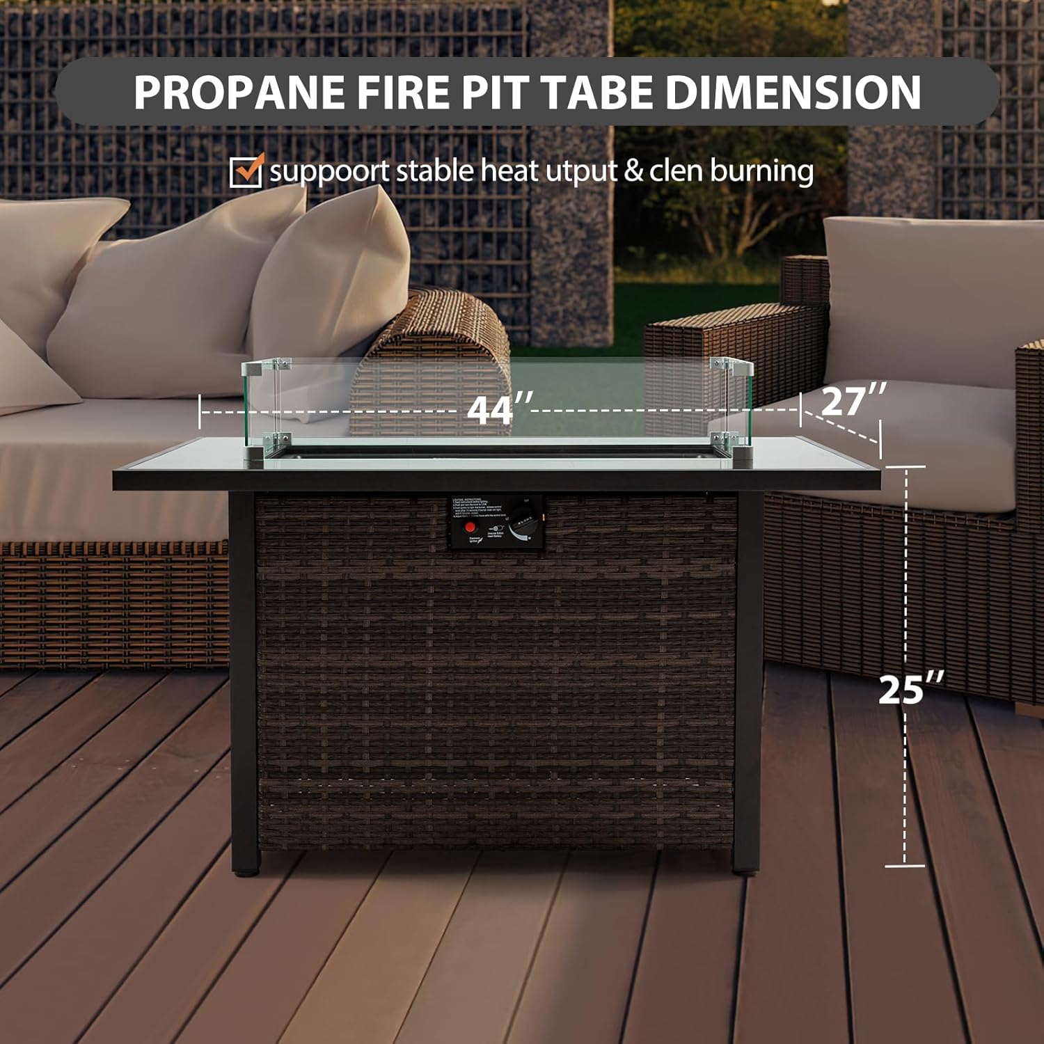 50,000 BTU Outdoor Propane Gas Fire Table - 44-Inch Square Fire Pit with Lid, Glass Wind Guard & Weather-Resistant Wicker Base for Patio, Backyard, Garden Heating