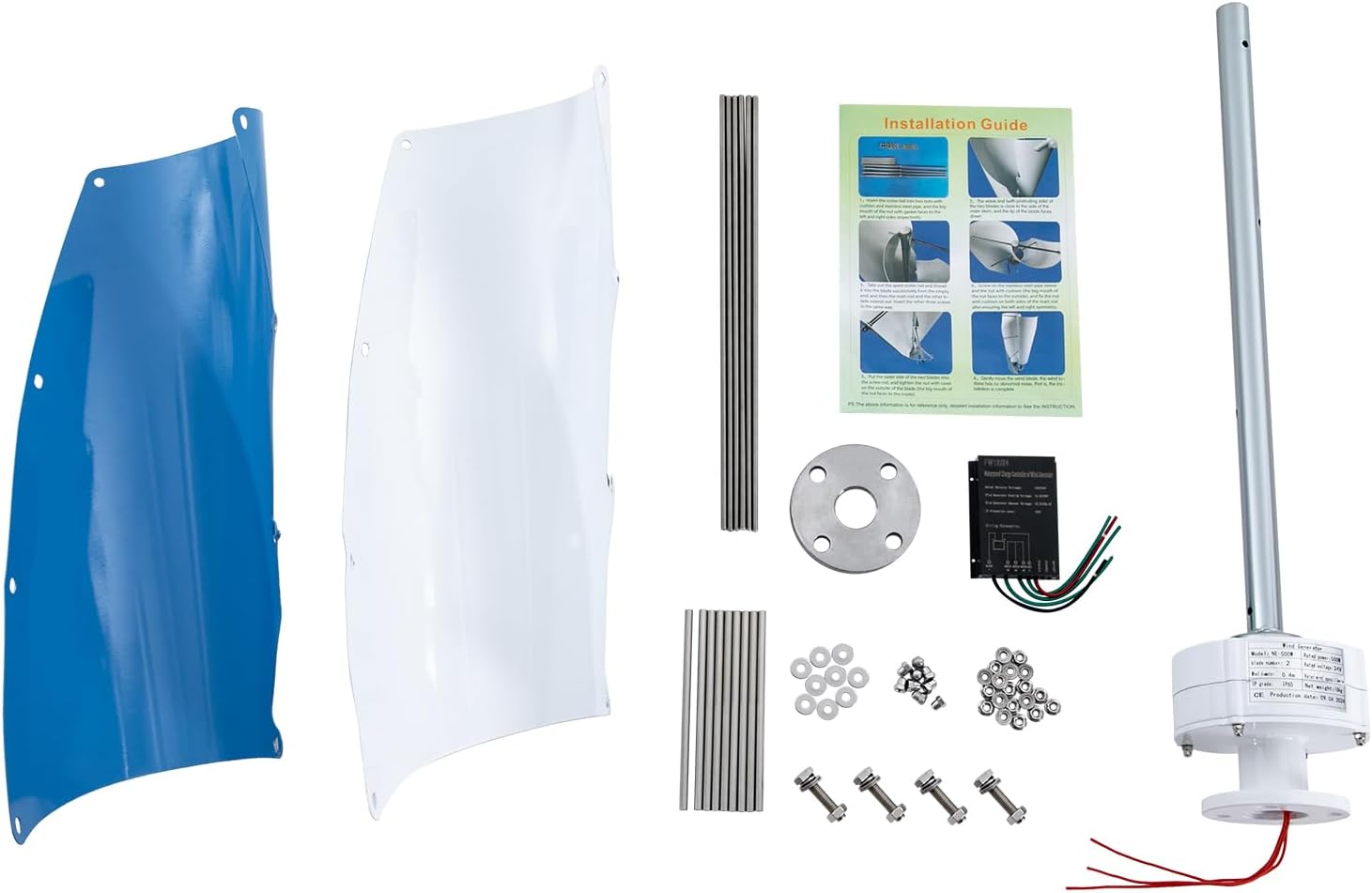 500W Vertical Axis Wind Turbine Kit - Home Wind Power System, Permanent Magnet Generator for Boats, Gazebos (12V Blue)