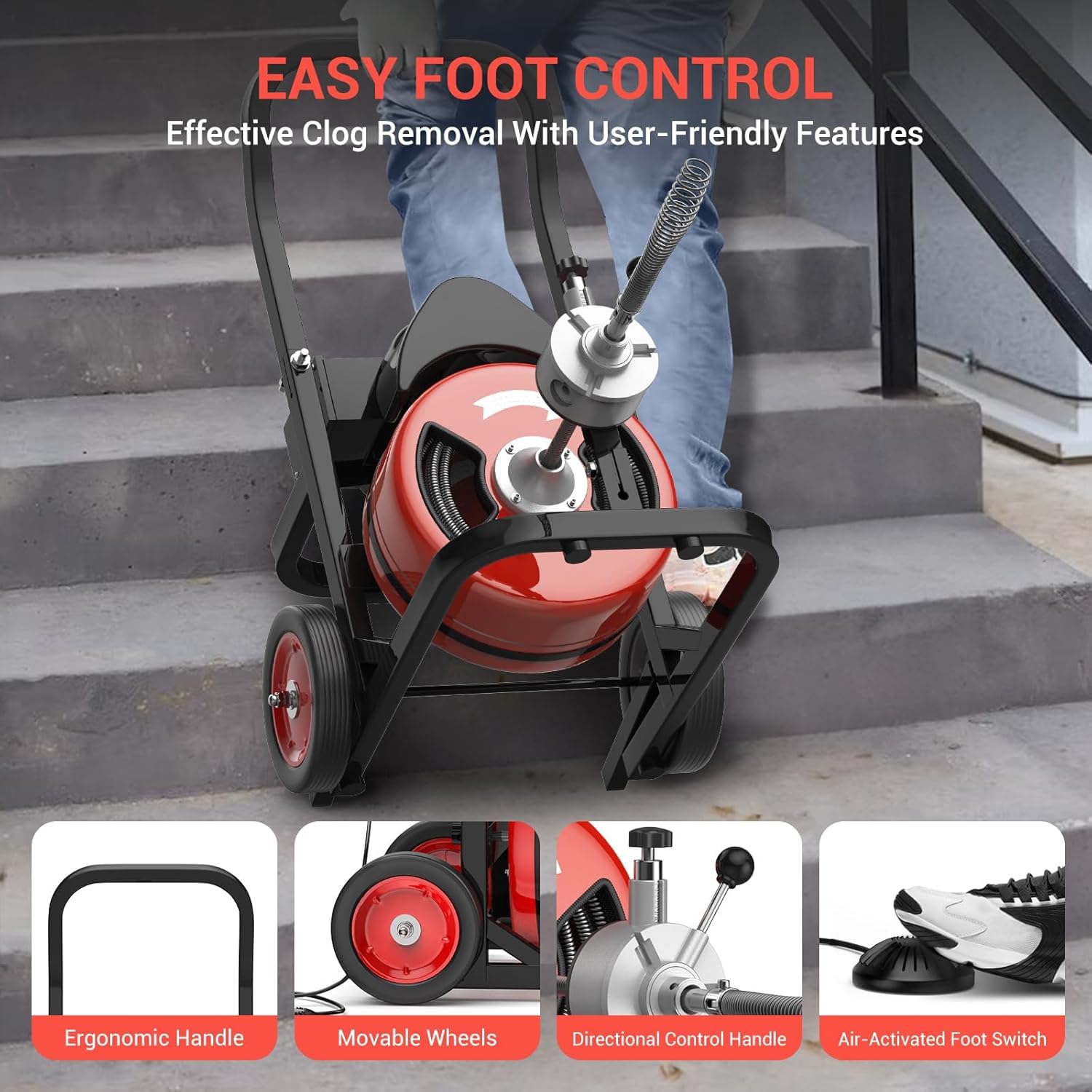 100Ft 1/2 Inch Cable Drain Cleaning Machine, 450W Auto Feed Portable Electric Sewer Snake, Electric Drain Auger with 4 Cutter Air-Activated Foot Switch for 2