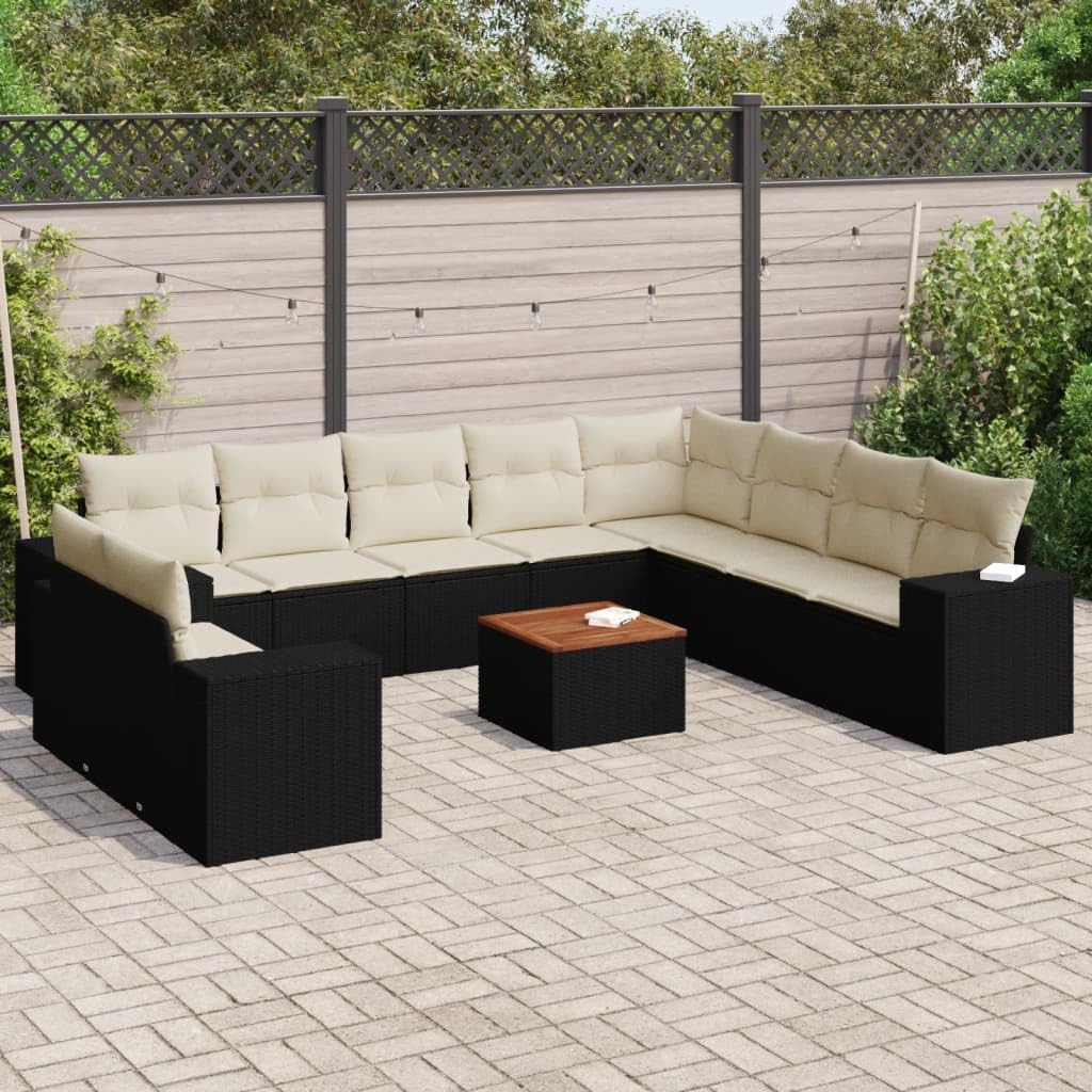 11 Piece Garden Sofa Set Black and Cream White, Modular Outdoor Furniture with Cushions, Durable PE Rattan and Steel Frame for Patio, Balcony, Terrace, Backyard Seating