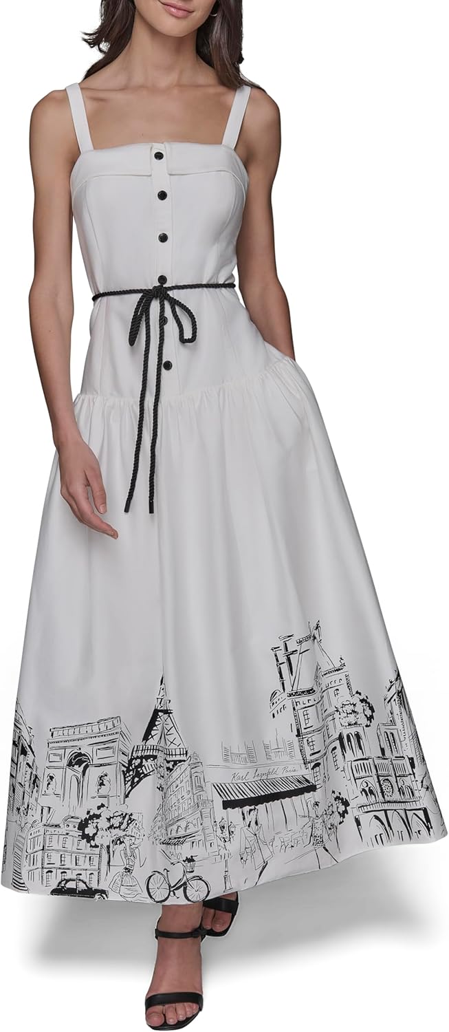 Karl Lagerfeld Womens Sleeveless Button Detail Cotton Midi Dress
