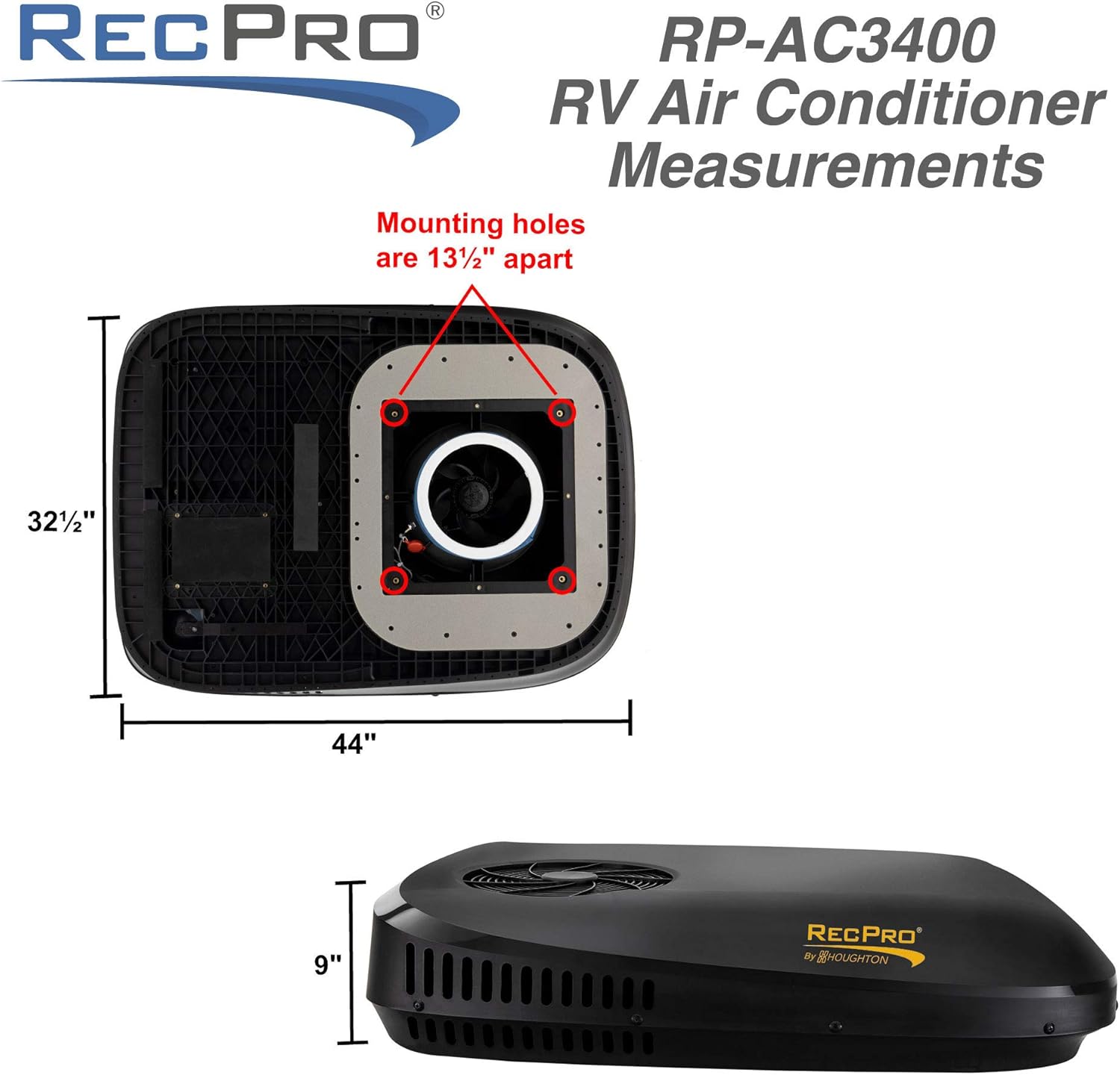 RecPro RV Air Conditioner 13.5K BTU | Low Profile Non-Ducted AC with Heat Pump | Quiet Cooling & Heating | 110–120V | Easy Install | for Campers, Travel Trailers, RVs, Motorhomes, Food Trucks (Black)