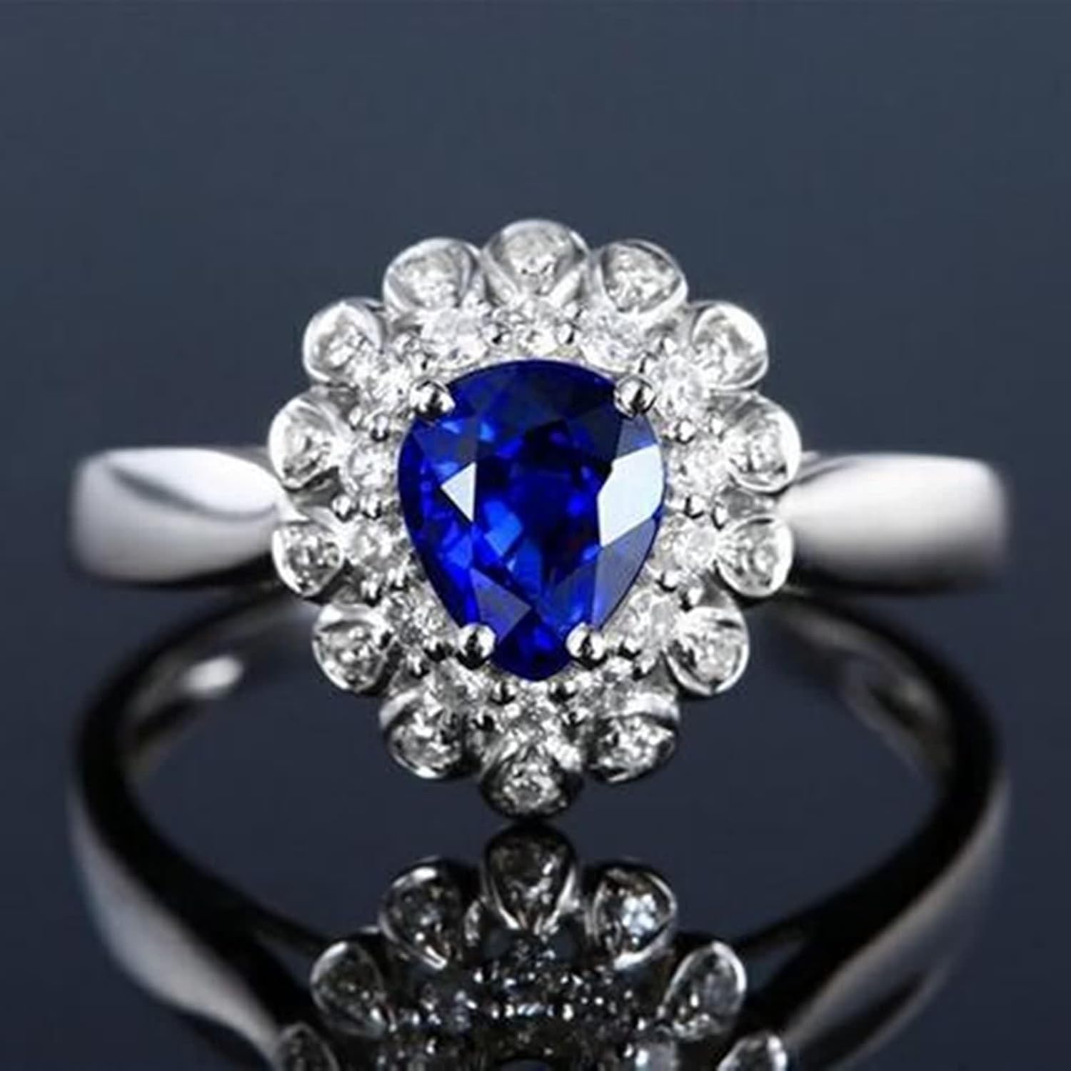 Engagement Rings for Women Flower, Wedding Ring Lab Created Sapphire Band 18K White Gold with Moissanite Birthday Gift for Her