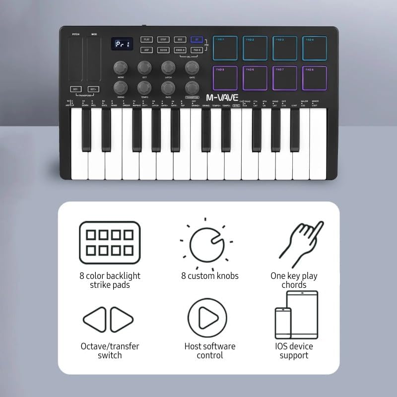 25-Key MIDI Controller Keyboard Mini USB with 8 RGB Backlit Pads, Compact MIDI Pad Sequencer & USB Music Arranger for Studio Recording & Live Performance