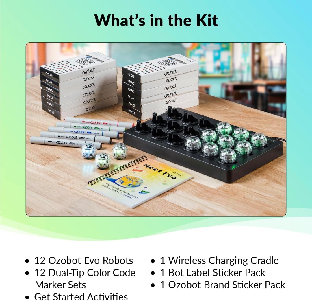 Ozobot Evo Classroom Kit (12 Bots): Interactive Coding Robots for Students, STEAM Learning Tools for Schools, Includes Charging Station, Storage Case, Markers, and Comprehensive Coding Curriculum