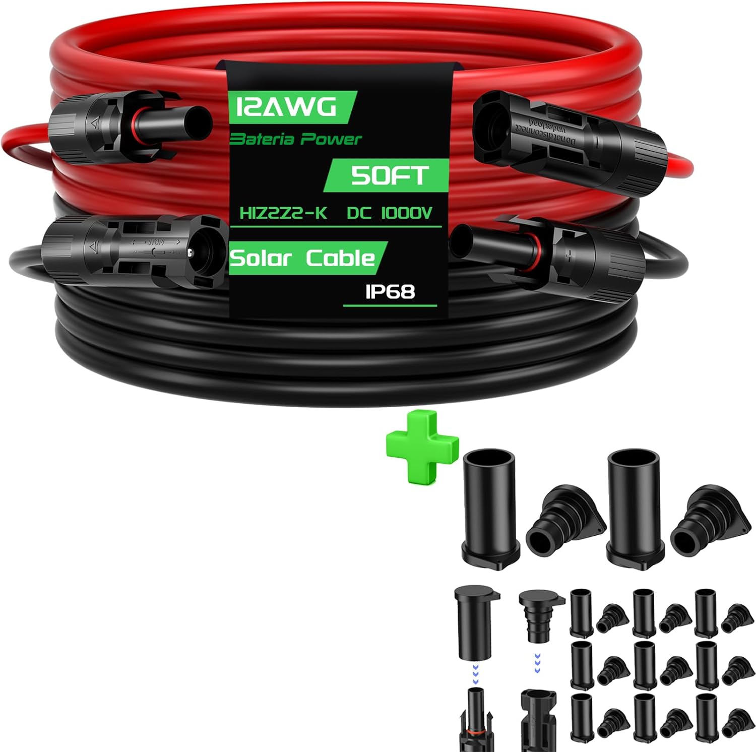 Bateria Power 1 Pair 30FT 12AWG Solar Panel Extension Cable with 12 Pairs Solar Connector Caps