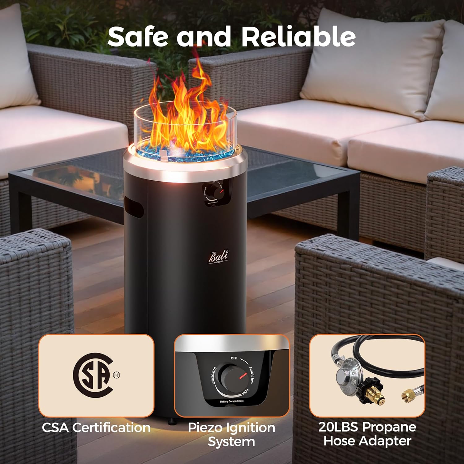 BALI OUTDOORS Propane Fire Pit Black, Column Outdoor Fire Pit Round, Outdoor Firepits for Outside Garden, Patio