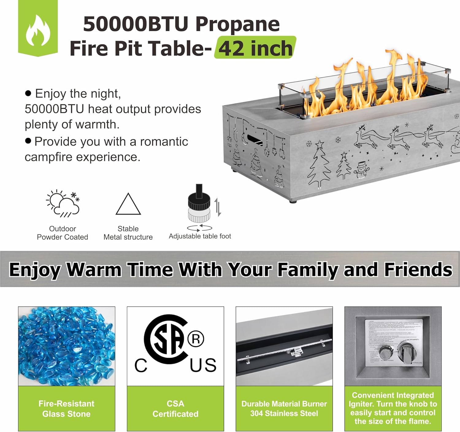 Outdoor Fire Pit Table with LED Light Propane Fire pits Outdoor Fireplaces 42″ Rectangular Firepit Table, 50,003 BTU Fire Table (Light Gray - RGB Light)