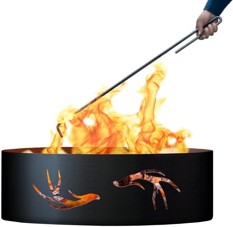 PD Metals ANT01837-FP Antlers Unpainted 12 in. Tall 37 in. Diameter Outdoor Fire Ring with Fire Poker - 37 x 37 x 12 in. - Rustic Black Color