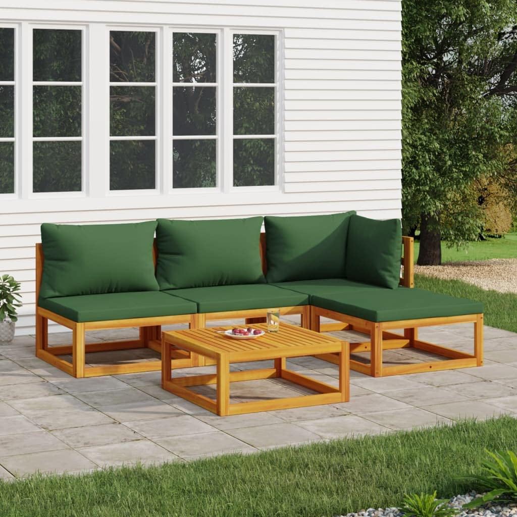 5 Piece Patio Lounge Set with Green Cushions Solid Wood,Acacia Wood Patio Lounge Set: Comfort and Style for Your Outdoor Space Outdoor Furniture Sets, Patio Furniture